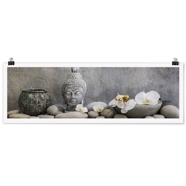 Tableau zen Bouddha zen avec orchidées blanches