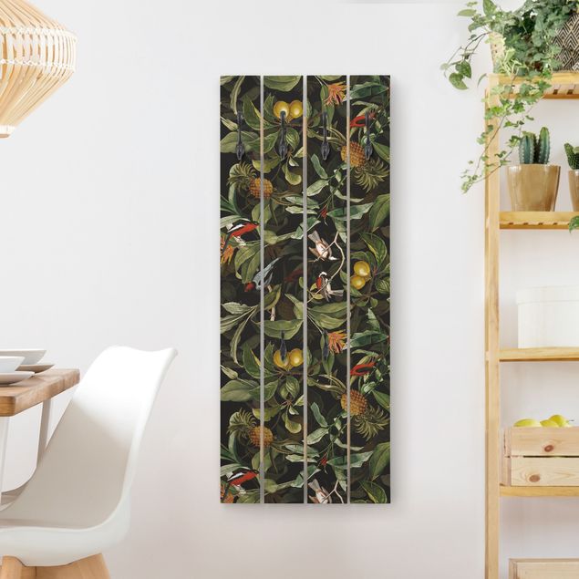 Porte-manteaux muraux avec fleurs Oiseaux avec Ananas Vert