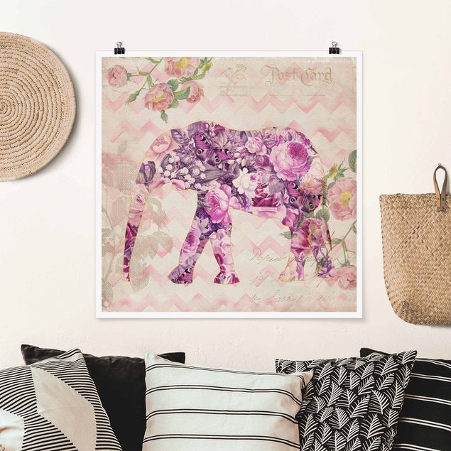 Déco mur cuisine Collage vintage - Fleurs roses éléphant