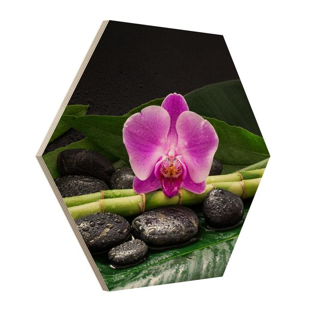 Tableaux en bois avec fleurs Bambou vert avec fleur d'orchidée
