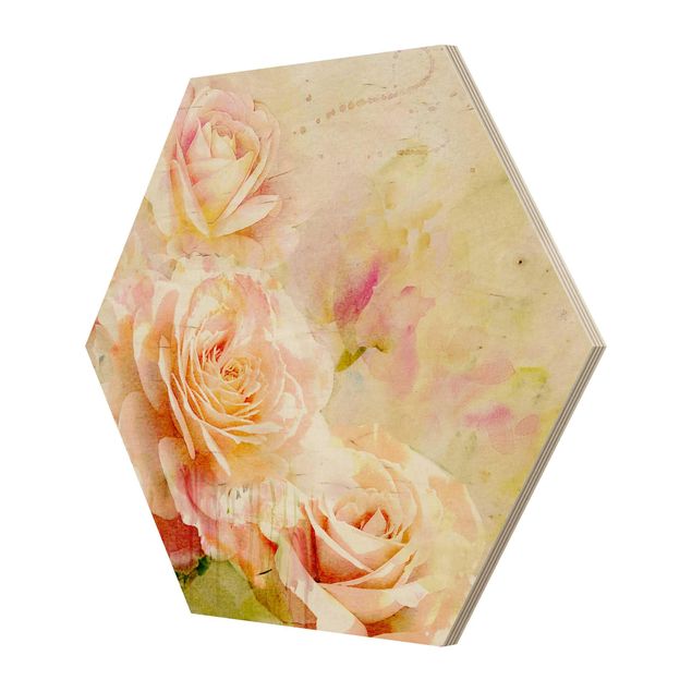 Hexagone en bois - Watercolour Rose Composition