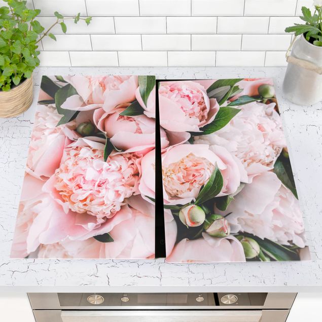 Cache plaques de cuisson fleurs Pivoines roses avec feuilles
