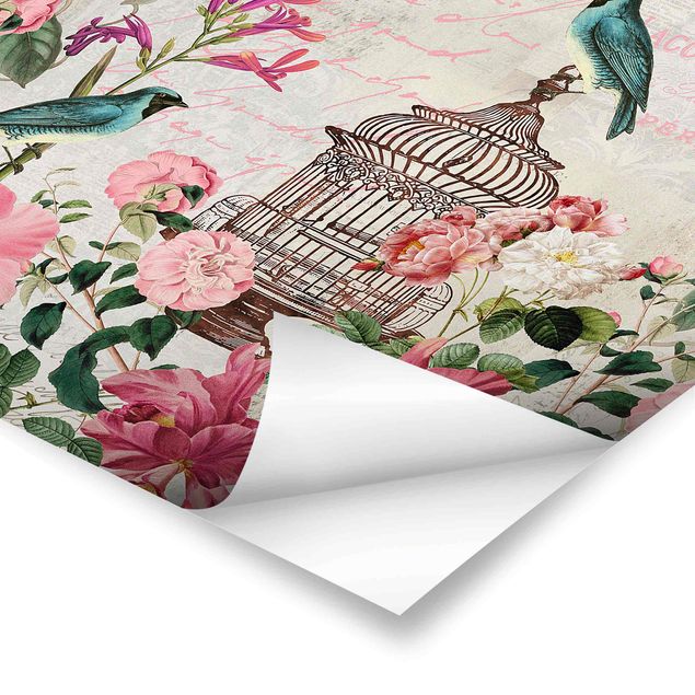 Tableaux de Andrea Haase Collage Shabby Chic - Fleurs roses et oiseaux bleus