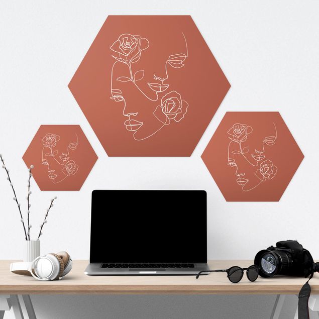 Tableau hexagon Line Art Visages Femmes Roses Cuivre
