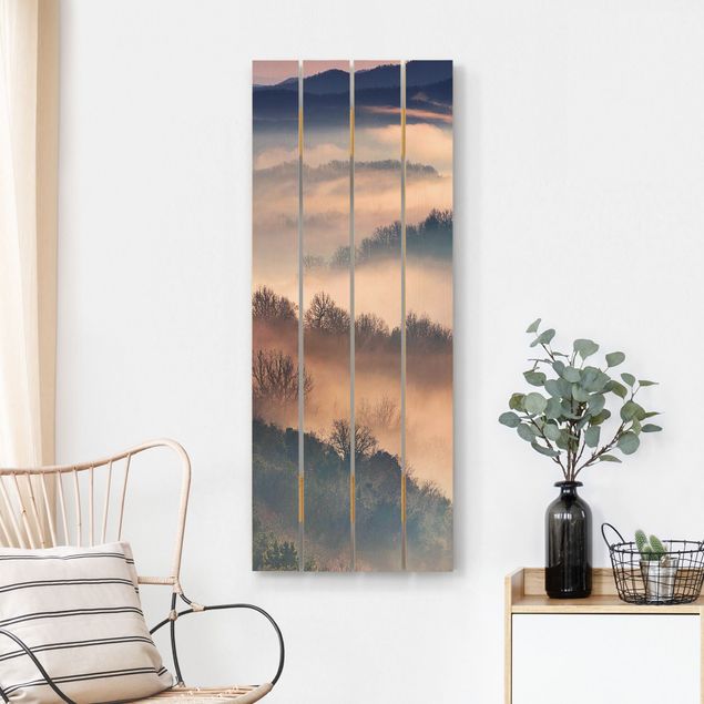 Tableaux en bois avec paysage Brouillard au coucher du soleil