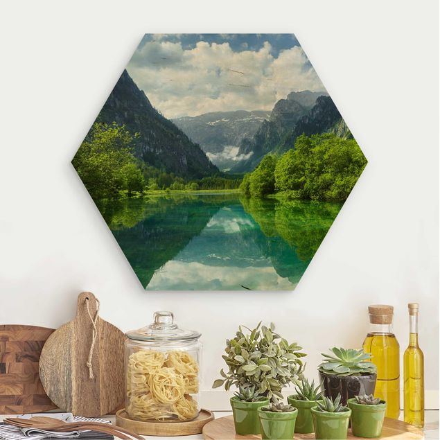 Tableaux en bois avec paysage Lac de montagne avec reflet de l'eau