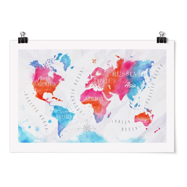 Poster carte du monde Carte du Monde Aquarelle Rouge Bleu