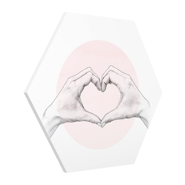 Tableau romantique amour Illustration cœur Mains Cercle Rose Blanc