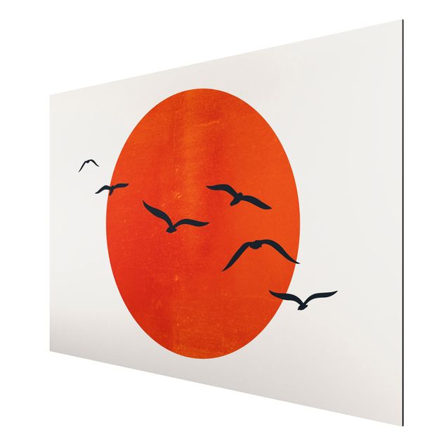 Tableau moderne Volée d'oiseaux devant le soleil rouge I