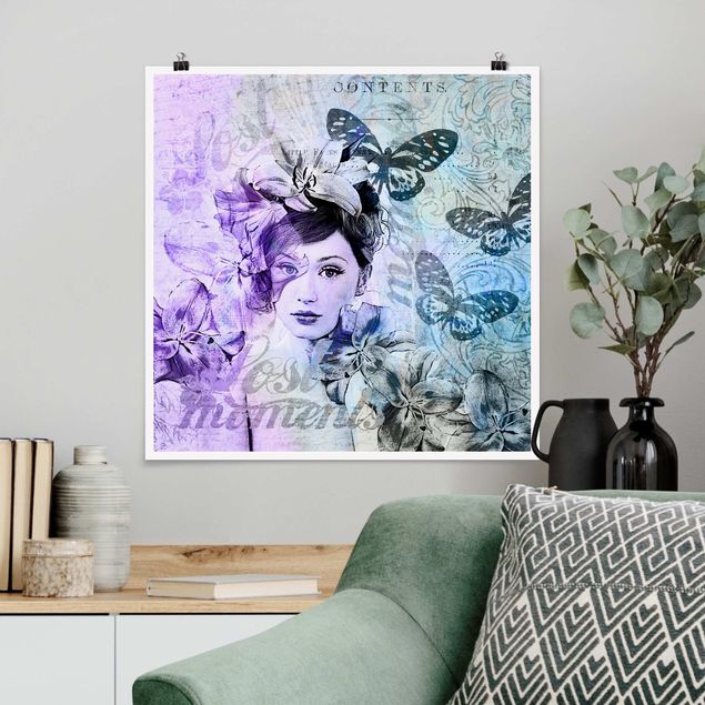 Déco mur cuisine Collage Shabby Chic - Portrait avec papillons
