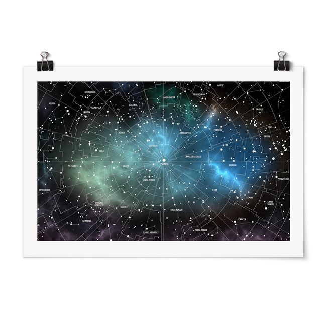 Posters mappemonde Carte des Constellations Stellaires Nébuleuse Galactique