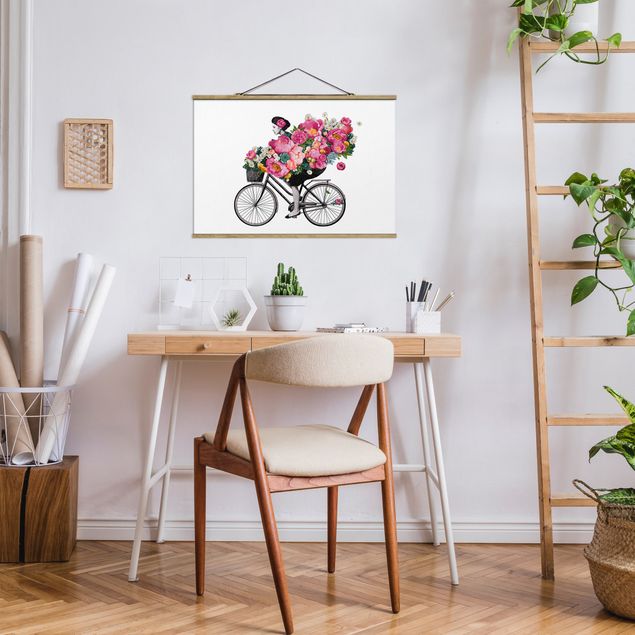 Tableaux fleurs Illustration Femme à Bicyclette Collage Fleurs Colorées