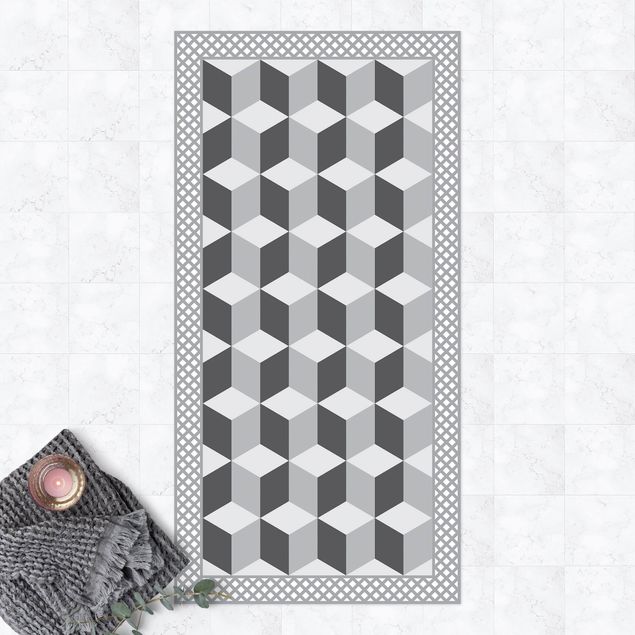 tapis extérieur Carreaux géométriques Illusion d'escaliers en gris avec bordure