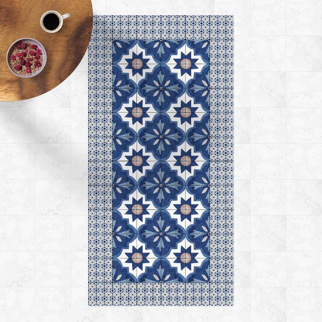 tapis extérieur Carreaux Marocains Aquarelle Bleue avec Cadre Carreaux