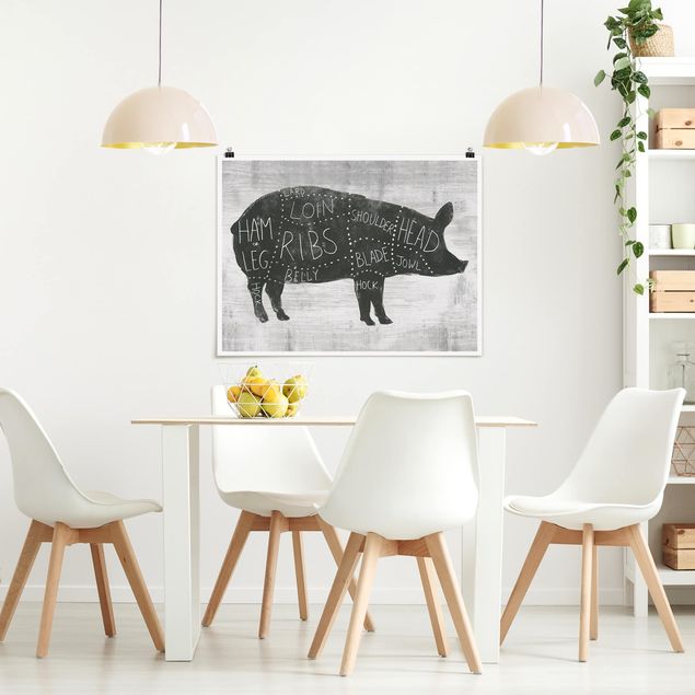 Posters en noir et blanc Planche de boucherie - Porc
