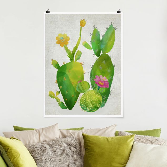 Déco murale cuisine Famille de cactus en rose et jaune