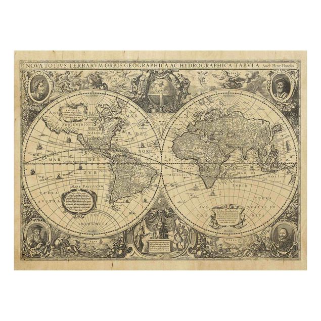 Tableau vintage bois Illustration antique d'une carte du monde vintage