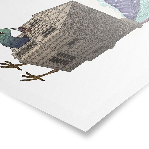 Tableau bleu turquoise Illustration Maison d'Oiseaux avec Plumes