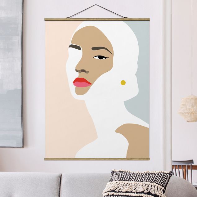 Tableau en tissu avec porte-affiche - Line Art Portrait Woman Pastel Grey