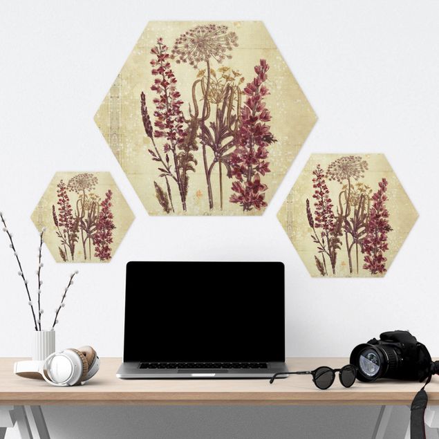 Hexagone en alu Dibond - Vintage Linen Look Flowers