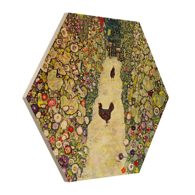 Tableaux en bois avec fleurs Gustav Klimt - Chemin de jardin avec poules