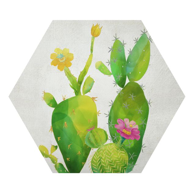 Tableau vert Famille de cactus en rose et jaune