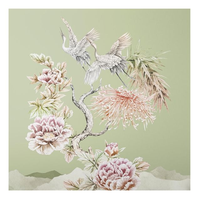 Tableau moderne Aquarelle - Cigognes en vol avec des fleurs sur un fond vert