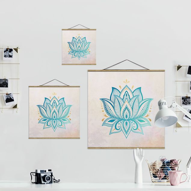 Tableaux turquoise Illustration Lotus Mandala Or Bleu