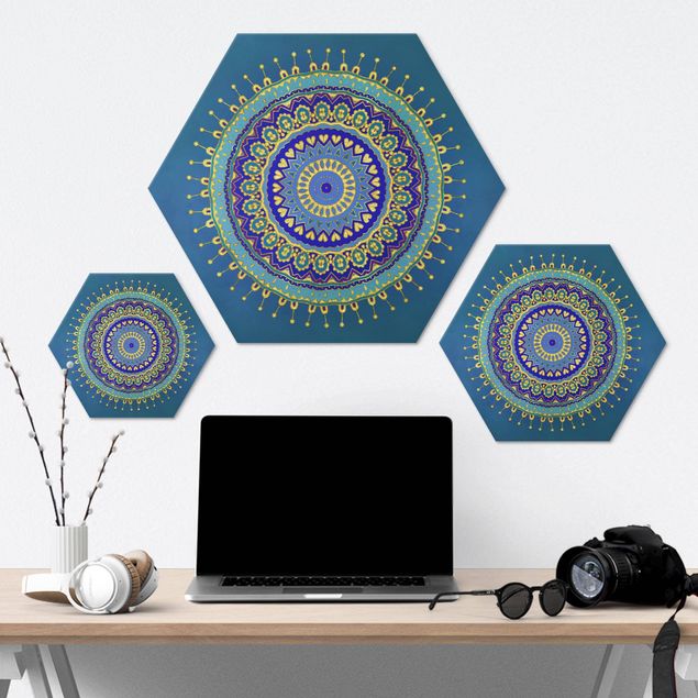 Tableau hexagonal Mandala Bleu Or