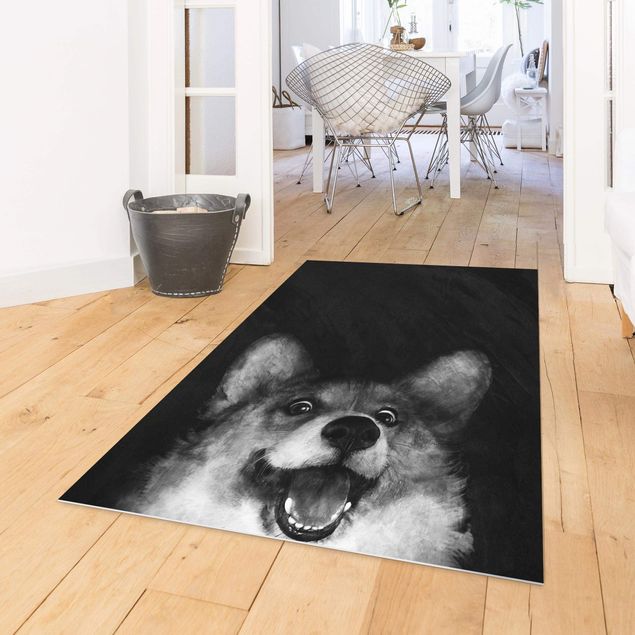 Vinyl Floor Mat - Laura Graves - Illustration Dog Corgi Paintig Black And White - Portrait Format 3:4