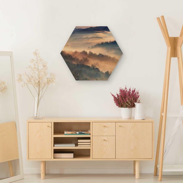 Tableaux en bois avec paysage Brouillard au coucher du soleil
