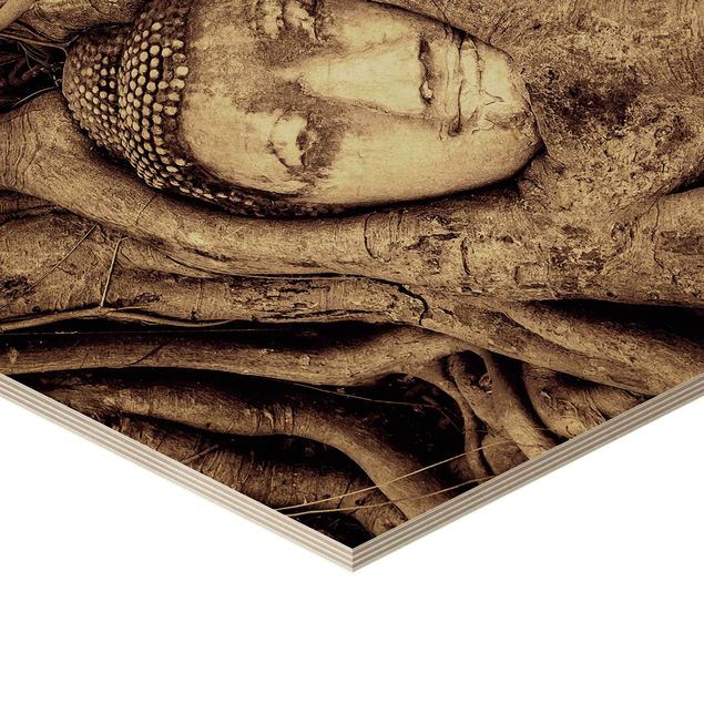 Hexagone en bois - Buddha In Ayutthaya Lined From Tree Roots In Brown