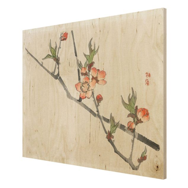 Tableau vintage bois Dessin vintage asiatique Branche de cerisier en fleur
