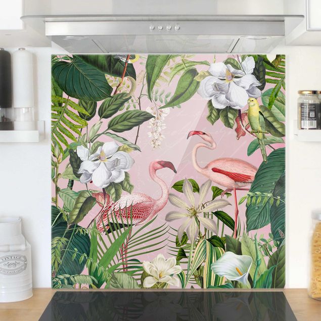 Déco mur cuisine Flamants tropicaux avec plantes en rose
