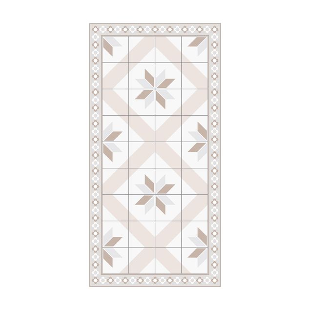 tapis imitation carreaux de ciment Carreaux Géométriques Fleurs Losanges Sable avec Bordure Etroite