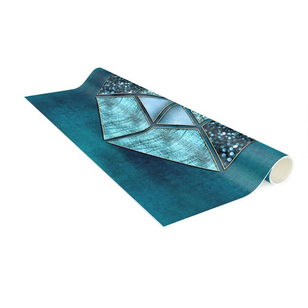tapis modernes Hexagone Bleu avec Contour Doré