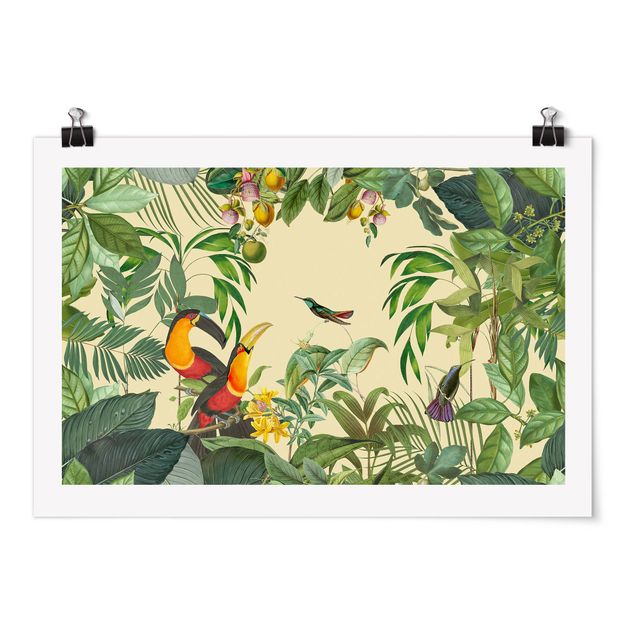 Tableau fleurs Collage Vintage - Oiseaux dans la jungle