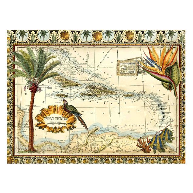 Tableau paysage Carte Vintage Tropicale Antilles