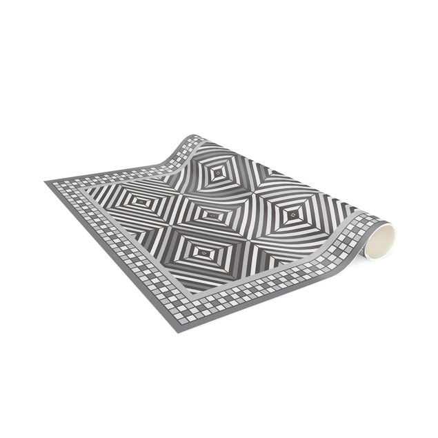 tapis d entrée long Carreaux géométriques Vortex Grey avec cadre mosaïque étroit