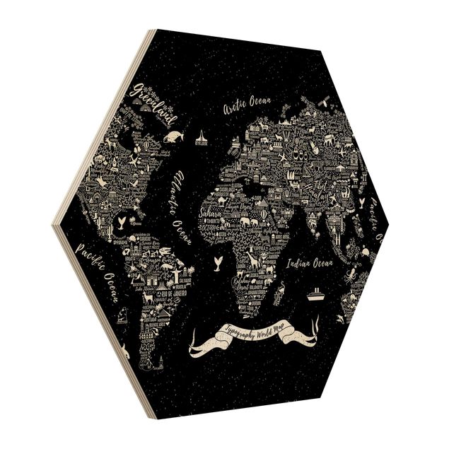Tableaux bois Typographie Carte du Monde Noir