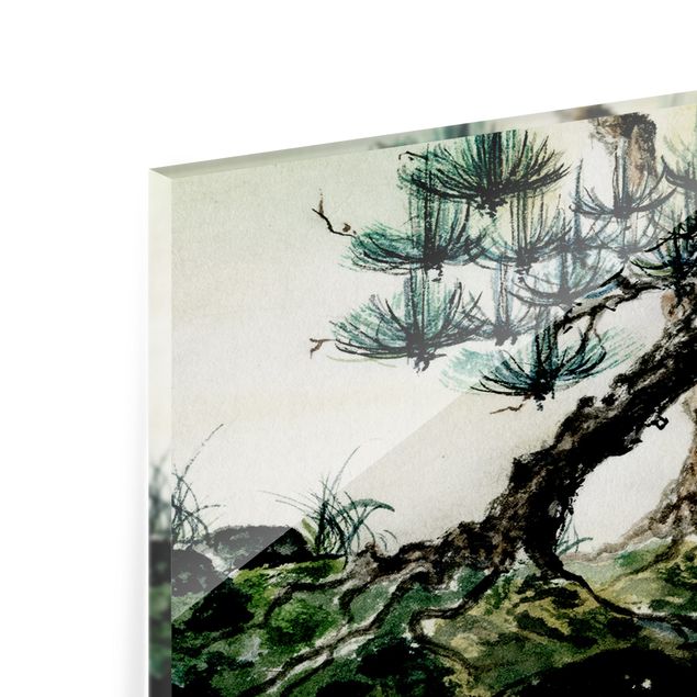 Fond de hotte - Japanese Watercolor Drawing Pine And Mountain Village
