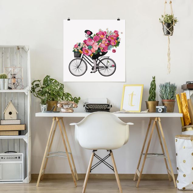 tableaux floraux Illustration Femme à Bicyclette Collage Fleurs Colorées