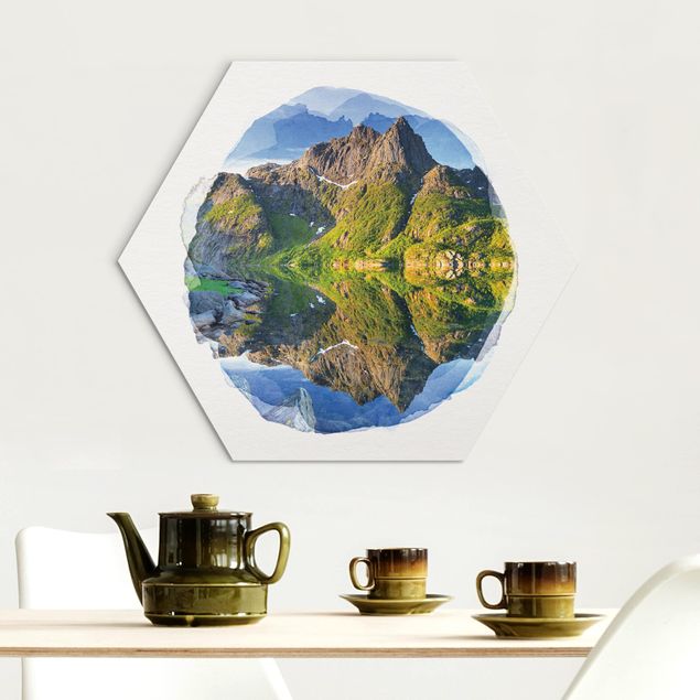 Tableau paysage Aquarelles - Paysage de montagne avec reflet d'eau en Norvège