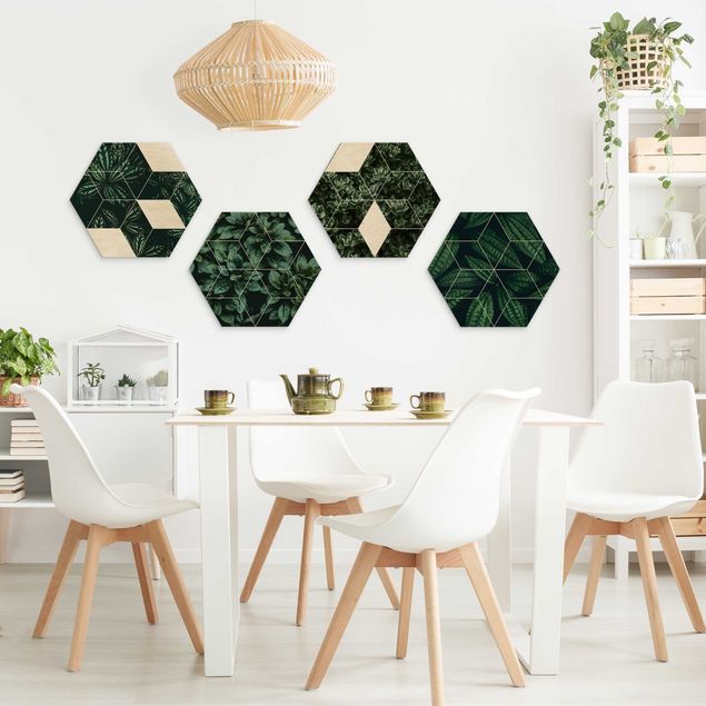 Tableaux en bois avec fleurs Feuilles vertes - Ensemble géométrique I
