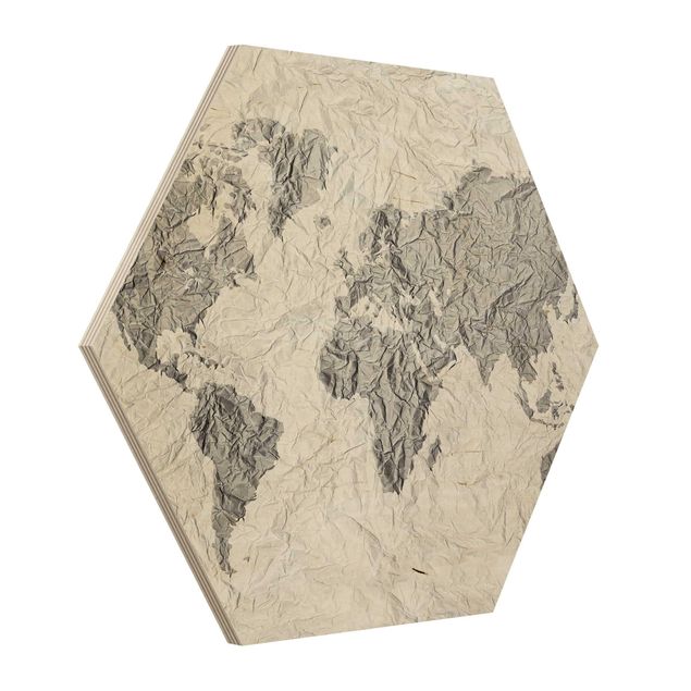 Hexagone en bois - Paper World Map White Grey