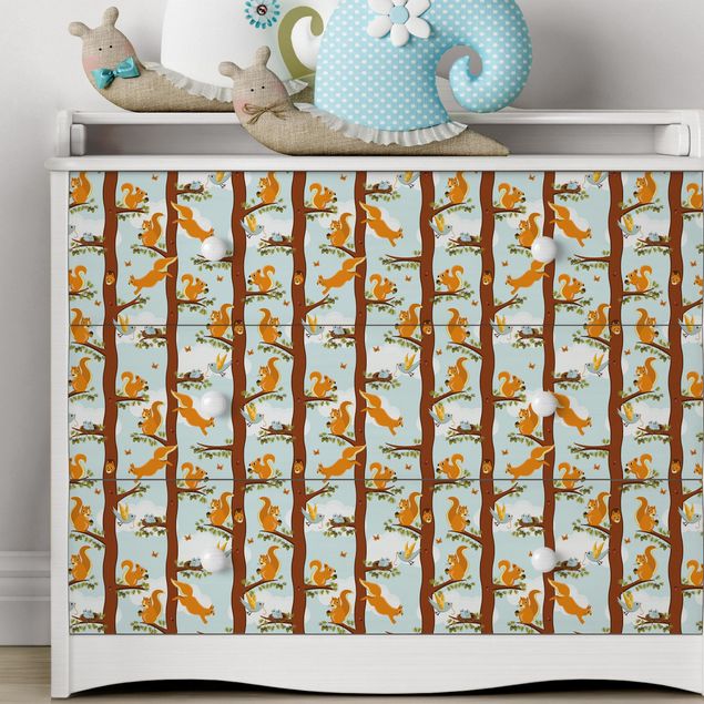 Adhésif meuble motif Motif pour enfants avec écureuils et petits oiseaux