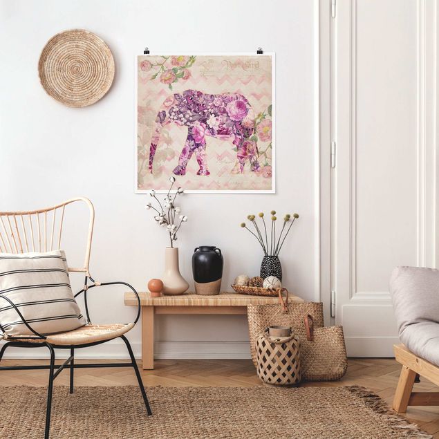 Tableau éléphant Collage vintage - Fleurs roses éléphant