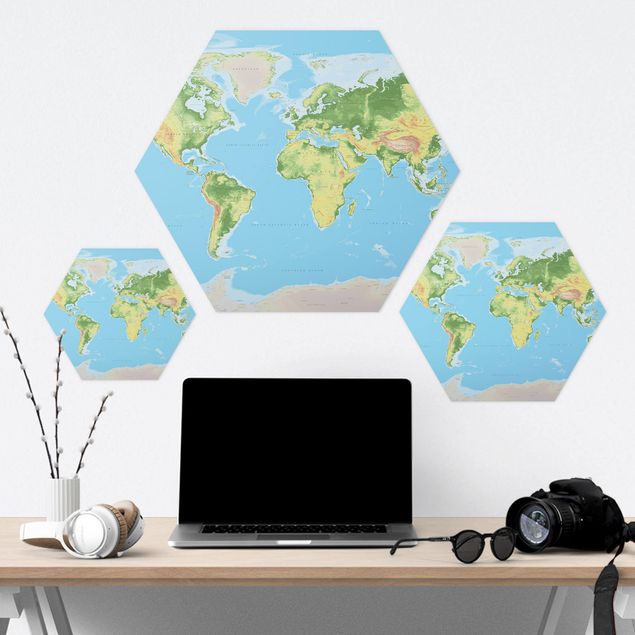 Hexagone en alu Dibond - Physical World Map