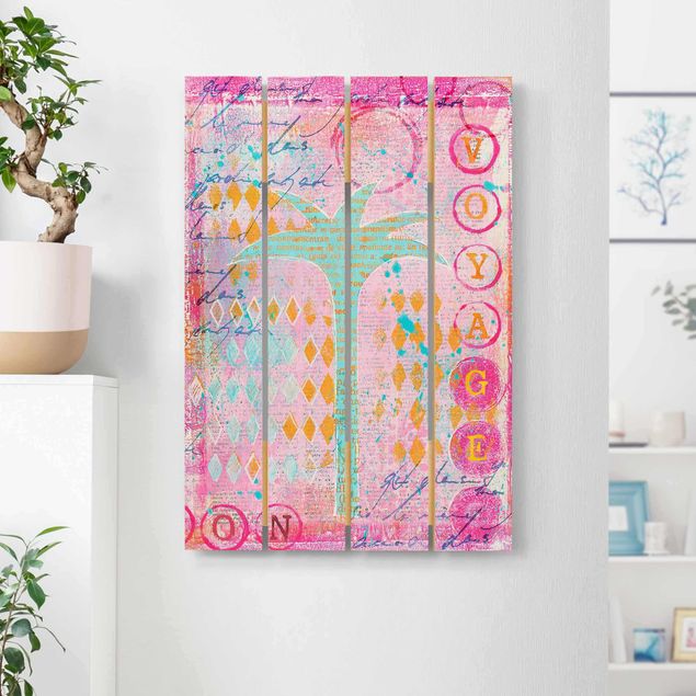 Tableaux en bois avec fleurs Collage coloré - Bon voyage avec palmier