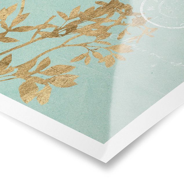 Tableau turquoise Feuilles d'or sur turquoise I